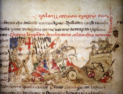 Bitva u Nicopolis: porážka křesťanů Bayazidem I. (Turecko), 28. 9. 1396 - v „“ Croniche del Sercambi“, kolem roku 1400. Národní archiv, Lucca. od Unknown artist