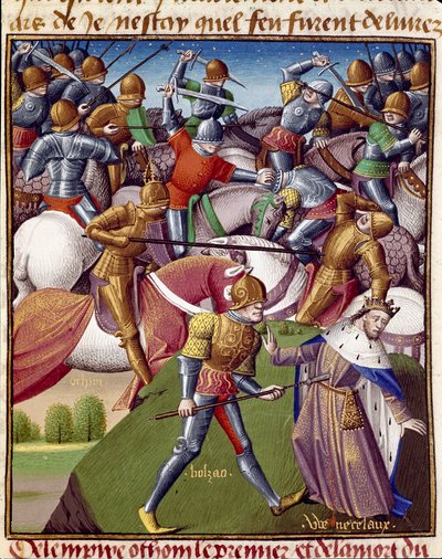 Bitva vojáků císaře Othona I. (Otton nebo Oton I, 912-973). Miniatura v „”Le miroir historial”” (Speculum Historiale) od Vincenta de Beauvais (1190-1264) přeložená do francouzštiny Jean de Vignay od Unknown artist