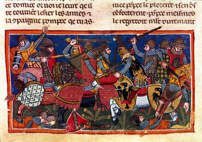Bitevní scéna Miniatura z francouzského kodexu na pergamenu „Fakta Římanů““ vyprávějící starověkou historii až po Julese Cesara (101 př. n. l. – 44 př. n. l.). Benátky 13. století, biblioteca Marciana od Unknown artist