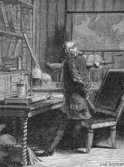 Benjamin Franklin ve své fyzikální laboratoři ve Philadelphii. In “Album de la Science””, Éditions Jouvet od Unknown artist