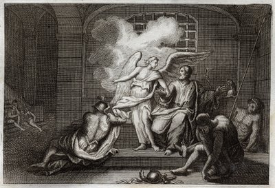 Bible of Royaumont, Nový zákon: Saint Peter Delivre de vězení. Svatý Petr je v noci propuštěn z vězení andělem. Ilustrace z roku 1811. od Unknown artist