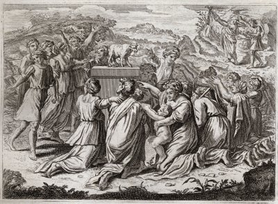 Bible of Royaumont, Starý zákon: Klanění zlatého telete. Když Mojžíš vidí Hebrejce a zlaté tele, porušuje tabulky Zákona. Ilustrace z roku 1811. od Unknown artist