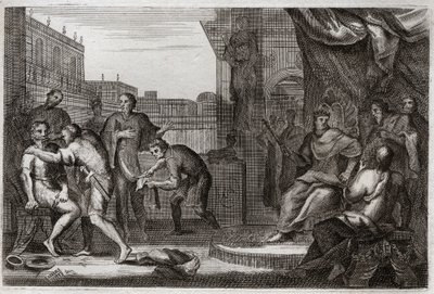 Bible of Royaumont, Starý zákon: Velvyslanci Davida. David poslal Joaba proti Ammonitům, aby se pomstil za urážku, kterou jejich princ Hanon učinil svým vyslancům, které považoval za vyzvědače. Ilustrace z roku 1811. od Unknown artist