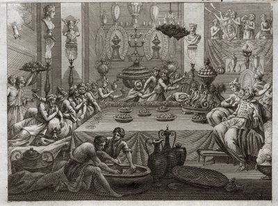 Bible of Royaumont, Starý zákon: Baltazar odsuzuje. Král Baltazar (Belshatsar) u stolu vidí ruku, která třemi slovy píše konec jeho věty. Ilustrace z roku 1811. od Unknown artist