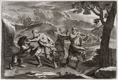 Bible of Royaumont, Starý zákon: Narození Samsona. Samson trhá lva na kusy. Ilustrace z roku 1811. od Unknown artist