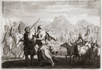 Bible of Royaumont, Starý zákon: Povolání Abrahama. Bůh volá Abrahama a přikazuje mu, aby opustil zemi Chaldejců a přišel do země, kterou mu slíbil dát. Ilustrace z roku 1811. od Unknown artist