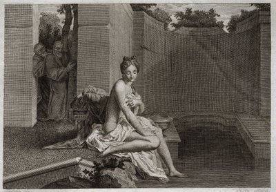 Bible of Royaumont, Starý zákon: Cudná ze Suzanne. Dva starší, Soudci lidu, pošpinili zkaženou Chastete Suzanne, když byla sama ve své zahradě a koupala se. Ilustrace z roku 1811. od Unknown artist