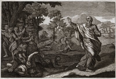 Bible of Royaumont, Starý zákon: Děti požírá medvědy. Děti, které si dělají legraci z Elizeovy plešatosti, jsou trhány medvědy. Ilustrace z roku 1811. od Unknown artist