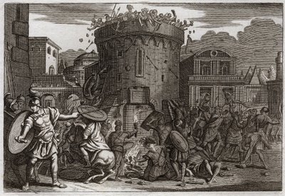 Bible of Royaumont, Starý zákon: Smrt Abimelecha. Abimelech (Abimelec nebo Ahimelech nebo Ahimelek) je zabit ženou, která ho rozbije kamenem při obléhání Tebetz. Ilustrace z roku 1811. od Unknown artist