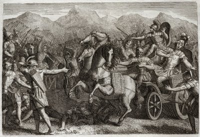 Bible of Royaumont, Starý zákon: Smrt Achaba. Ahab (Akhab) vedl válku proti Sýrii a byl zabit náhodným šípem. Ilustrace z roku 1811. od Unknown artist