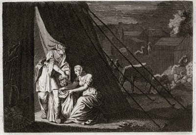 Bible of Royaumont, Starý zákon: Smrt Holoferna. Judith usekne Holofernovi hlavu za pomoci služebné Abry a opilé Bethulie. Ilustrace z roku 1811. od Unknown artist