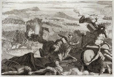 Bible of Royaumont, Starý zákon: Jidášova smrt. Porážka Demetria I. Sotera a Nicanora. Smrt Judy Machabee (Maccabee, Macabee) v bitvě. Ilustrace z roku 1811. od Unknown artist