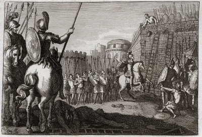 Bible of Royaumont, Starý zákon: Smrt Seba. I povstal Séba (Sheba) proti Davidovi a zajal deset kmenů po něm, a Joáb honil v Abele, nebo mu byla useknuta hlava podle rady ženy. Ilustrace z roku 1811. od Unknown artist