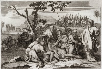 Bible of Royaumont, Starý zákon: Smrt ničemného Antiocha. Otřesná smrt krále Antiocha IV Epiphana (175-164 př. n. l.) po pádu koně. Ilustrace z roku 1811. od Unknown artist
