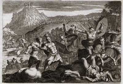 Bible of Royaumont, Starý zákon: Porážka Amalec (Amalek). Mojžíš zvítězil nad Amalekity a držel ruce vysoko v nebi. Ilustrace z roku 1811. od Unknown artist