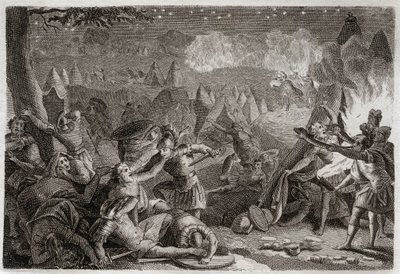 Bible of Royaumont, Starý zákon: Porážka Midianitů zvukem trubek a světly lamp. Ilustrace z roku 1811. od Unknown artist
