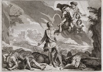 Bible of Royaumont, Starý zákon: Porážka Pelištejců. Samson zabije tisíc Pelištejců oslí čelistí. Bůh nechává vytékat vodu z čelisti, aby Samson mohl uhasit svou žízeň. Ilustrace z roku 1811. od Unknown artist