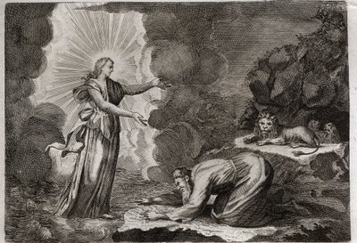 Bible of Royaumont, Starý zákon: Danielovo osvobození. Daniel v jámě lvů je zázračně opilý. Ilustrace z roku 1811. od Unknown artist