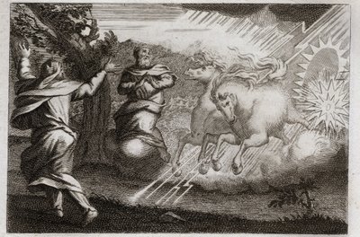 Bible of Royaumont, Starý zákon: Eliáš je potěšen v nebi. Eliáš je vzat do nebe v ohnivém voze v přítomnosti svého učedníka. Elisee od něj přijímá jeho dvojí mysl: rozděluje vodu Jordánu s Eliášovým pláštěm. Illust od Unknown artist
