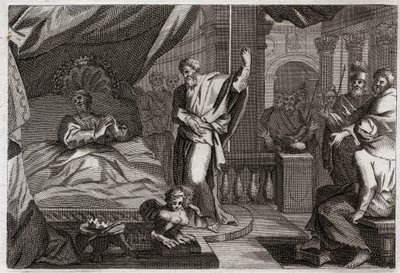 Bible of Royaumont, Starý zákon: Ezechiáš dostává zdraví. Král Ezechiáš byl po smrti nemocen, dostal zdraví a dalších patnáct let života. Prorok Izajáš (Izaiáš) oznamuje svou válku: znamením bude posunutí stínu hodin o deset stupňů od Unknown artist