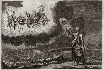 Bible of Royaumont, Starý zákon: prorok Ezechiel. Svatý Prorok měl vidění, kde se mu Pán zjevil na voze, neseném čtyřmi cherubíny (tetramorfy). Ilustrace z roku 1811. od Unknown artist