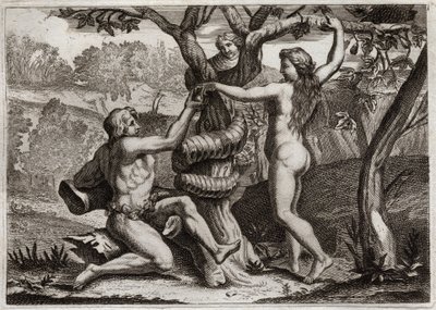 Bible of Royaumont, Starý zákon: Pád Adama. Démon pod tváří hada mluví k Evě, a stan jíst zakázané ovoce: Eva padá a také způsobí pád Adama. Ilustrace z roku 1811. od Unknown artist