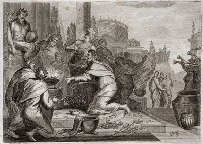 Bible of Royaumont, Starý zákon: Pád Šalomouna. Šalomoun je zkažen ženami a nabízí kadidlo modlám falešných bohů. Jeho smrt. Ilustrace z roku 1811. od Unknown artist