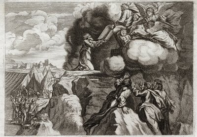 Bible of Royaumont, Starý zákon: První tabulky zákona. Bůh dává zákon svému lidu na hoře Sinaj. Mojžíš dostává 10 přikázání z rukou Božích. Ilustrace z roku 1811. od Unknown artist