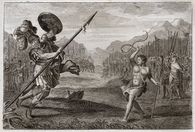 Bible of Royaumont, Starý zákon: Obří Goliáš. Goliáš, Pelištejec, ohromné velikosti, je poražen Davidem, zbraň pouze s prakem a holí. Ilustrace z roku 1811. od Unknown artist