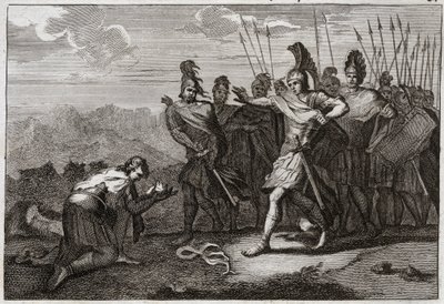 Bible of Royaumont, Starý zákon: Hlava Saulova. Pelištejci se těší ze Saulovy smrti a nabízejí jeho hlavu svému idolu. David lituje smrti a jde do Judeje, jinak je v Hebronu uznán králem. Ilustrace z roku 1811. od Unknown artist