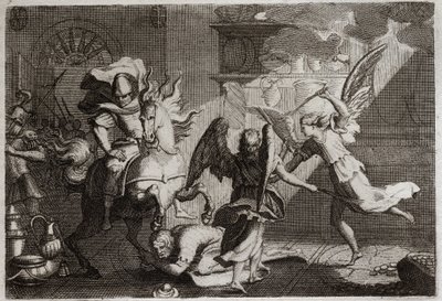Bible of Royaumont, Starý zákon: Heliodore loví chrám. Heliodora (Heliodora), kterého poslal jeho vládce vyplenit jeruzalémský chrám, andělé porazili yardy. Ilustrace z roku 1811. od Unknown artist