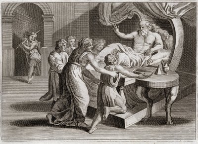 Bible of Royaumont, Starý zákon: Izák požehnal Jákobovi. Izák, který touží požehnat Ezauovi, dává své požehnání Jákobovi moudrostí Rebeky, které podle Božího plánu patřila. Ilustrace z roku 1811. od Unknown artist
