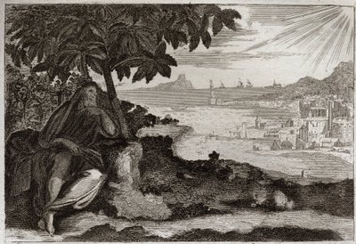 Bible of Royaumont, Starý zákon: Ivy desseche. Bůh svému proroku Jonasovi ukazuje citlivým příkladem, jak moc miluje muže a jak velkou bolestí trpí, když je nucen je trestat. Ilustrace z roku 1811. od Unknown artist