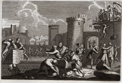 Bible of Royaumont, Starý zákon: Jeruzalémská odplata. Král Artaxerxes I. poslal Nehemii do Jeruzaléma s povolením vzbouřit všechny jeho hradby. Ilustrace z roku 1811. od Unknown artist
