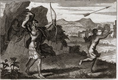 Bible of Royaumont, Starý zákon: Jonathan a David. A když Jonatan viděl, že jeho otec je zahořklý, Saul ho varoval, aby se stáhl. Ilustrace z roku 1811. od Unknown artist