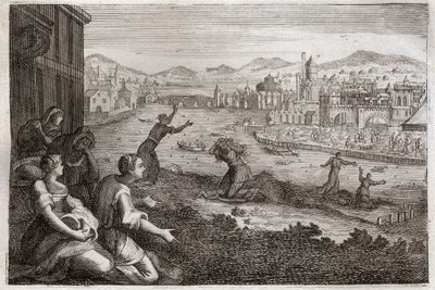 Bible of Royaumont, Starý zákon: Porodní asistentky Egypta. Farao způsobí, aby byli synové Izraelitů svrženi do Nilu. Ilustrace z roku 1811. od Unknown artist