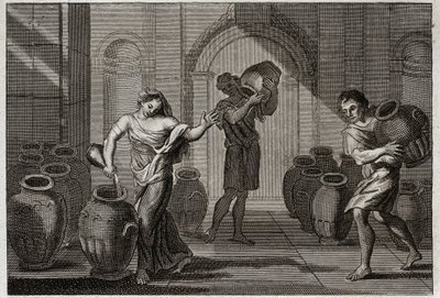 Bible of Royaumont, Starý zákon: Miracle of Elisee. Tento Prorok, ztrápené vdově po svých creancers, jí pomocí Elisiny lásky přikázal, aby si od těchto sousedů vypůjčila mnoho nádob, které naplnila olejem s malým zbytkem, který měla v sobě. od Unknown artist