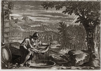Bible of Royaumont, Starý zákon: Miracle of Fleece. Gedeon (Gideon) získal od Boha zázrak rouna jako důkaz, že si ho vybral a že z něj udělá osvoboditele svého lidu. Ilustrace z roku 1811. od Unknown artist