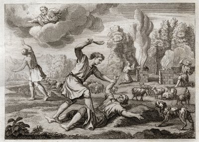 Bible of Royaumont, Starý zákon: Vražda Ábela. Kain táhne svého bratra závistí proti Abelovi, bere ho na venkov, jako by se chtěl projít, a zabíjí ho. Ilustrace z roku 1811. od Unknown artist