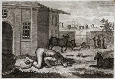 Bible of Royaumont, Starý zákon: Nebukadnezar se mění na bete. Král Nabuchodonozor II se spravedlivým trestem za svou pýchu promění v bete. Ilustrace z roku 1811. od Unknown artist