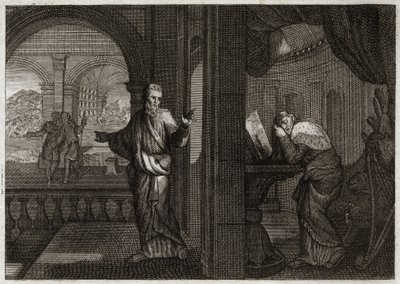 Bible of Royaumont, Starý zákon: Pokání Davidova. Bůh posílá svého proroka Natana k Davidovi, aby reprezentoval jeho vinu. Lítost, kterou z toho tento svatý král zakódoval, ho nutí přijmout všechna zla, která mu Prorok předpověděl. Ilustrace z roku 1811. od Unknown artist