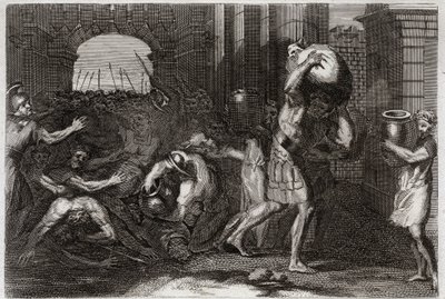 Bible of Royaumont, Starý zákon: Předpověď Elisee. Pán Samaří, který svedl Elizeova slova, se tísní u jeho nohou. Ilustrace z roku 1811. od Unknown artist