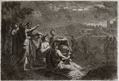 Bible of Royaumont, Starý zákon: Předpovědi o Jeruzalému. Bůh vzdal zbraně ve vzduchu nad Jeruzalémem, aby na něm ukořistil zlo, které se na něj mělo roztavit. Ilustrace z roku 1811. od Unknown artist
