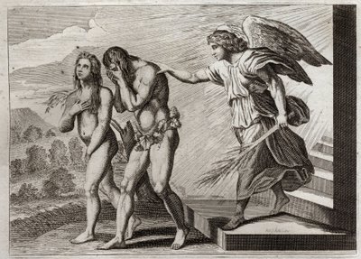 Bible of Royaumont, Starý zákon: Potrestání Adama. Bůh vyžene Adama a Evu z ráje poté, co padnou, a postaví ke dveřím cherubína, aby bránil jejich vchod. Ilustrace z roku 1811. od Unknown artist