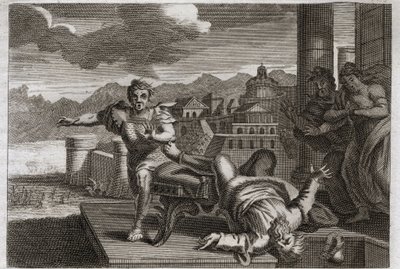 Bible of Royaumont, Starý zákon: Trest Heliho. Bůh, aby potrestal velkého kněze Heliho (Eliho) za jeho nedbalost při přebírání příkazů jeho dětí, mu dovoluje spadnout ze sedadla a rozbít si hlavu tím, že uslyší zprávu o jejich smrti. od Unknown artist
