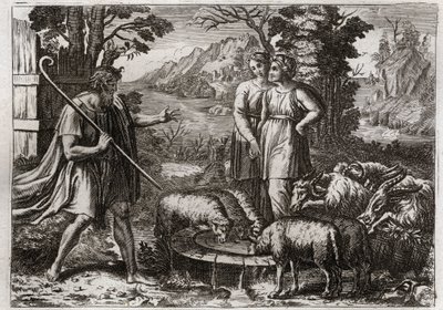 Bible of Royaumont, Starý zákon: Rachel a Leah. Jákob sloužil svému strýci Labanovi, aby si vzal jeho dceru Ráchel. Ilustrace z roku 1811. od Unknown artist