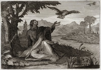 Bible of Royaumont, Starý zákon: Havrani z Eliáše. Bůh zasáhl zemi tříletou sterilitidou, poslal proroka Eliáše potokem nebo mu dvě vrány přinesly jídlo. Ilustrace z roku 1811. od Unknown artist