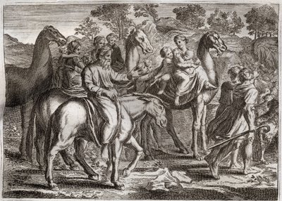 Bible of Royaumont, Starý zákon: Návrat Jákoba. Jákobův návrat do Kanaánské země se svými manželkami Ráchel a Leou a jeho dětmi. Ilustrace z roku 1811. od Unknown artist