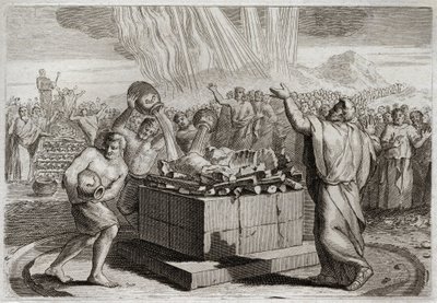 Bible of Royaumont, Starý zákon: Oběť Eliáše. A když dal poznat pravého Boha zázrakem ohně, který sestoupil z nebe při jeho oběti, přikázal lidu zabít čtyři sta padesát kněží Baalovy modly. Illustrat od Unknown artist