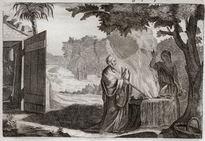 Bible of Royaumont, Starý zákon: Oběť Gedeon. Gedeon (Gideon) je Bohem povolán, aby odebral Židy od jejich nepřátel. Přináší oběť na kameni, ze kterého vychází oheň, který ho pohltí. Ilustrace z roku 1811. od Unknown artist